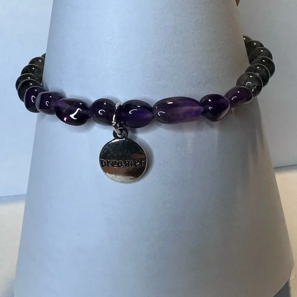 Labradorite Amethyst stretch bracelet Dreamer charm beads gemstone 7 inch